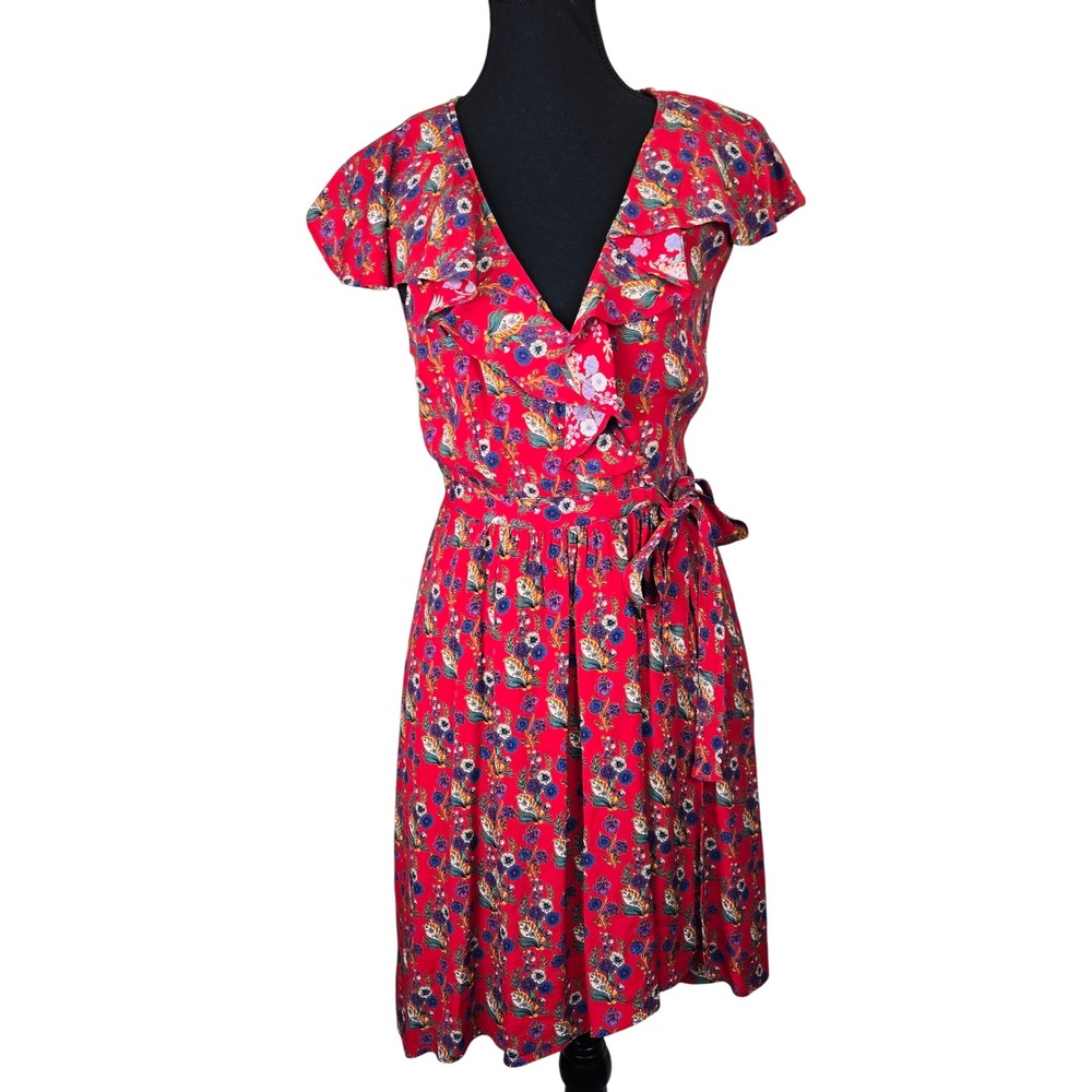 Maeve Anthropologie Red Floral Print Ruffle Faux Wrap‎ Dress 4 Bohemian Feminine